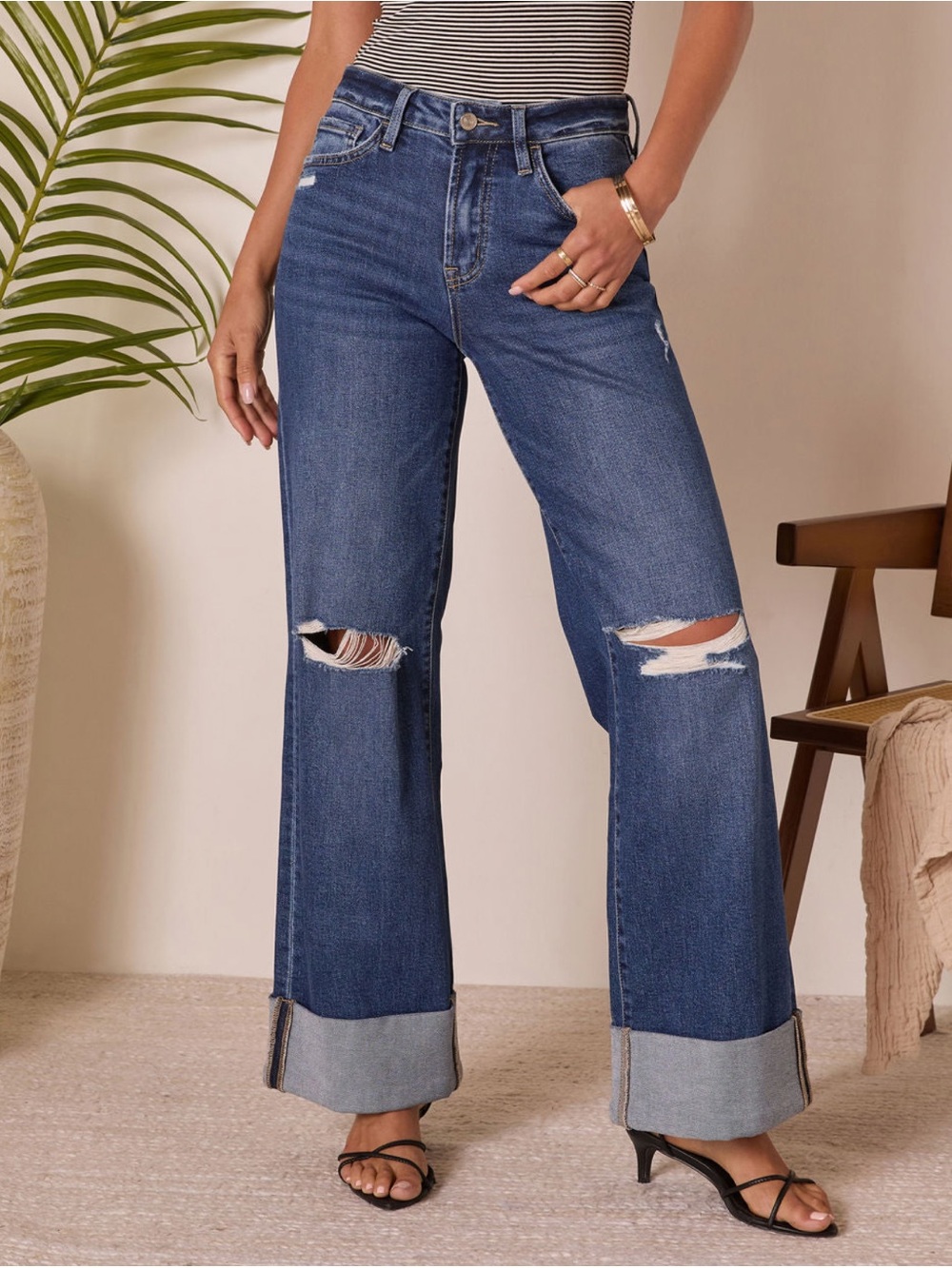 High-Rise Ripped Wide-Leg Jeans in Medium Blue
